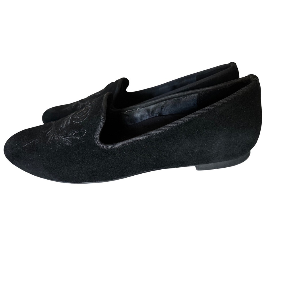 Vionic Romi Black 7.5 M Suede‎ Crown Embroidered Smoking Slipper Loafers